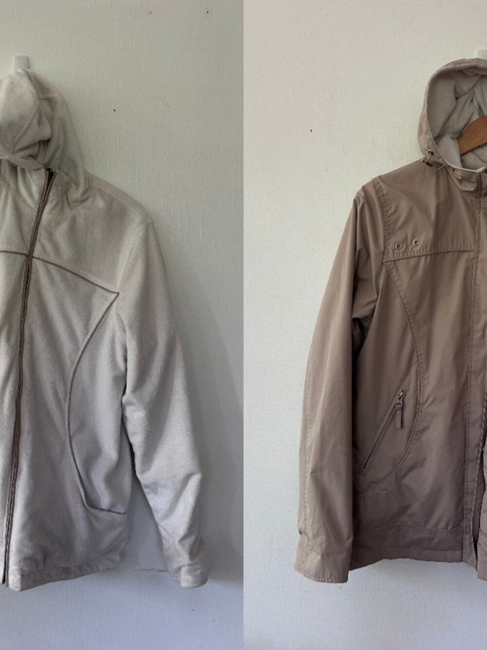 Reversible Womens Raincoat Medium Khaki Fleece Lined Pockets Hooded Khaki